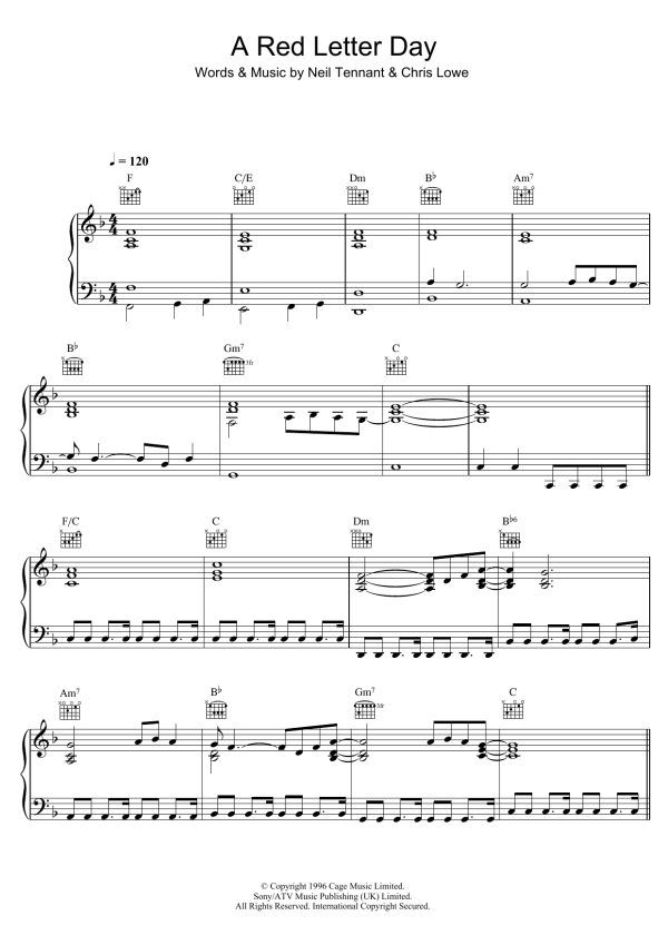 Pet Shop Boys A Red Letter Day Musik Noten - Piano, Vocal & Guitar Chords - 48906-0