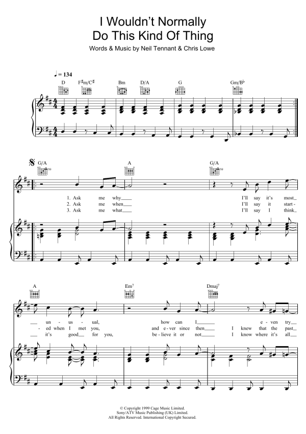 Pet Shop Boys I Wouldn't Normally Do This Kind Of Thing Musik Noten - Piano, Vocal & Guitar Chords - 48927-0