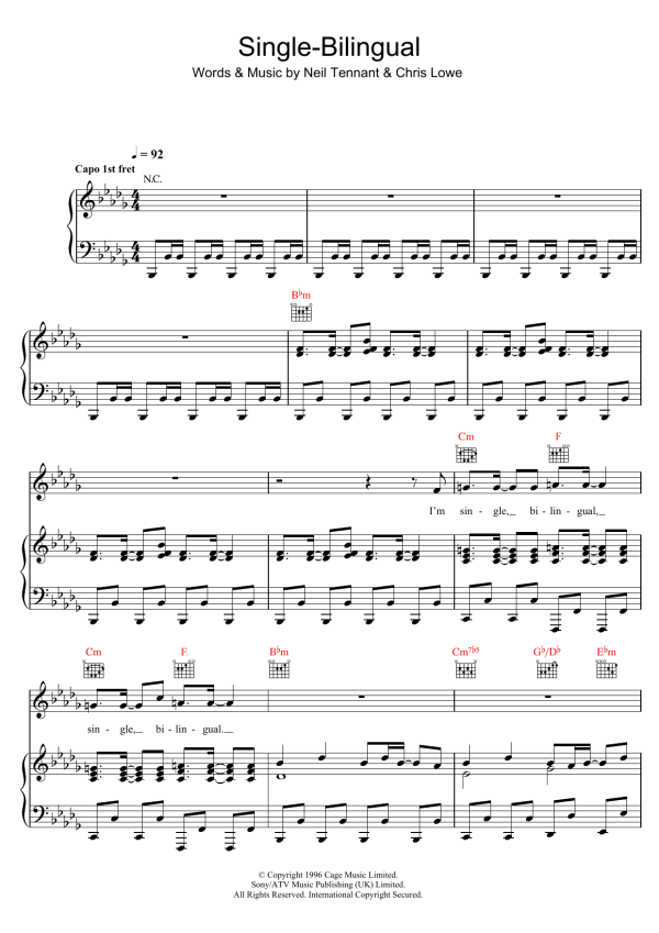 Pet Shop Boys Single-Bilingual Musik Noten - Piano, Vocal & Guitar Chords - 48939-0