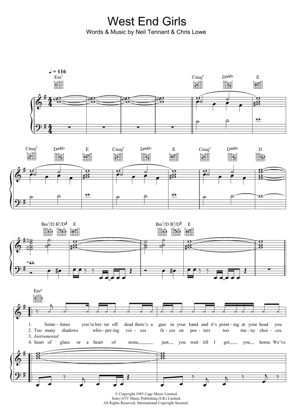 Pet Shop Boys West End Girls Musik Noten - Piano, Vocal & Guitar Chords - 48942-0