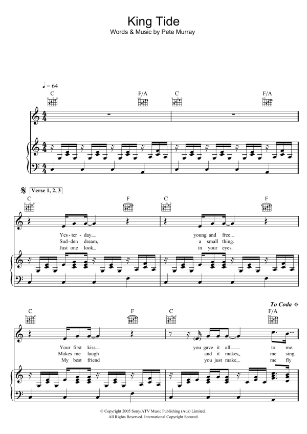 Pete Murray King Tide Musik Noten - Piano, Vocal & Guitar Chords - 43913-0
