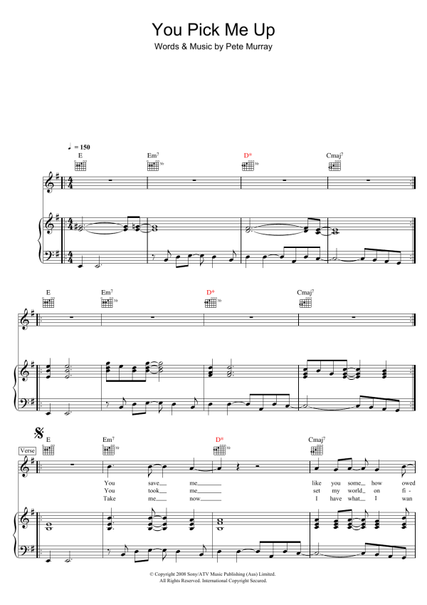 Pete Murray You Pick Me Up Musik Noten - Piano, Vocal & Guitar Chords - 43900-0