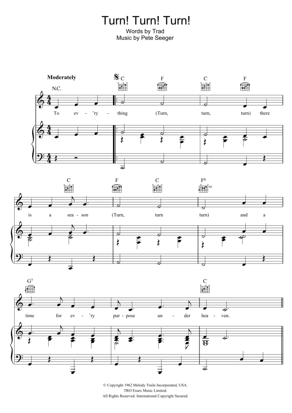 Pete Seeger Turn! Turn! Turn! Musik Noten - Piano, Vocal & Guitar Chords - 45570-0