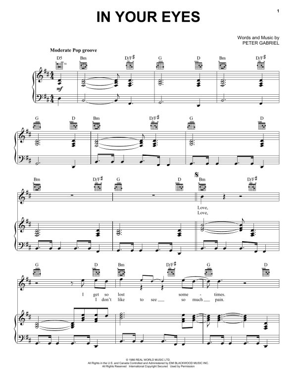 Peter Gabriel In Your Eyes Musik Noten - Piano, Vocal & Guitar Chords - 162536-0