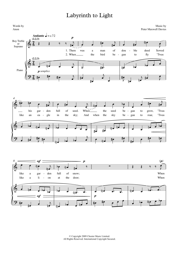 Peter Maxwell Davies Labyrinth To Light (for treble and piano) Musik Noten - Piano & Vocal - 46076-0