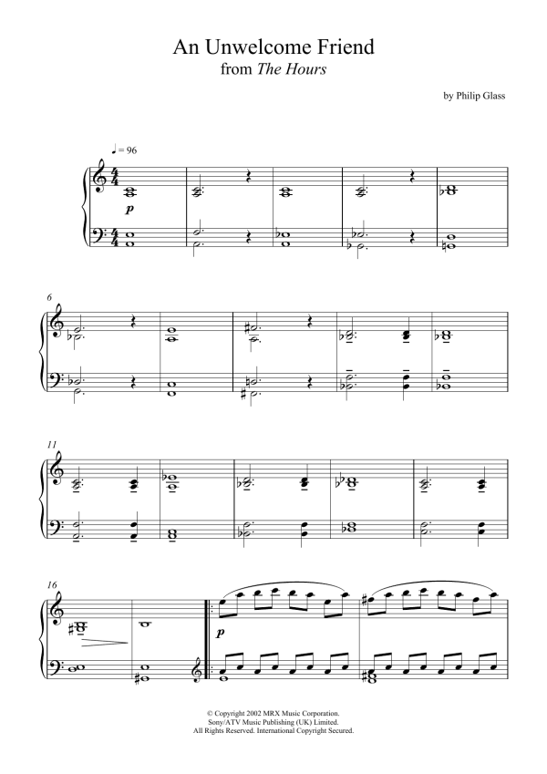 Philip Glass An Unwelcome Friend (from 'The Hours') Musik Noten - Piano Solo - 120757-0