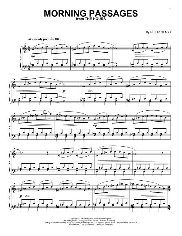 Philip Glass Morning Passages (from The Hours) Musik Noten - Piano Solo - 171988-0