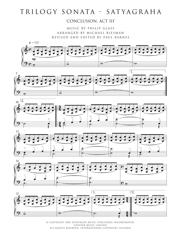 Philip Glass Trilogy Sonata - Satyagraha (Conclusion, Act III) Musik Noten - Piano Solo - 120763-0