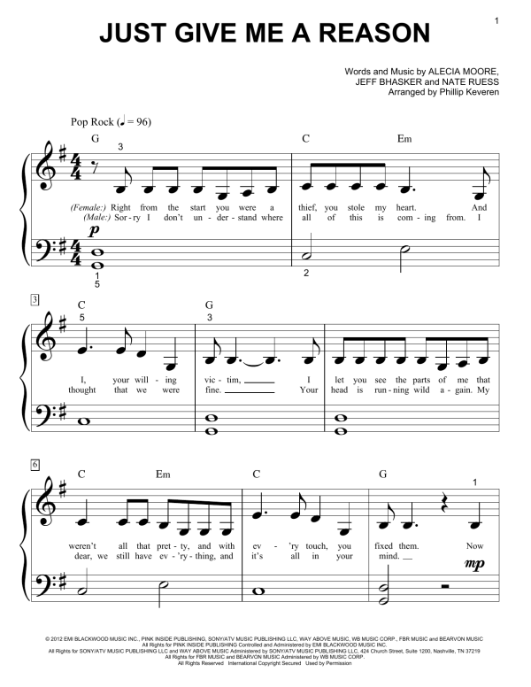 Pink featuring Nate Ruess Just Give Me A Reason (arr. Phillip Keveren) Musik Noten - Big Note Piano - 162159-0