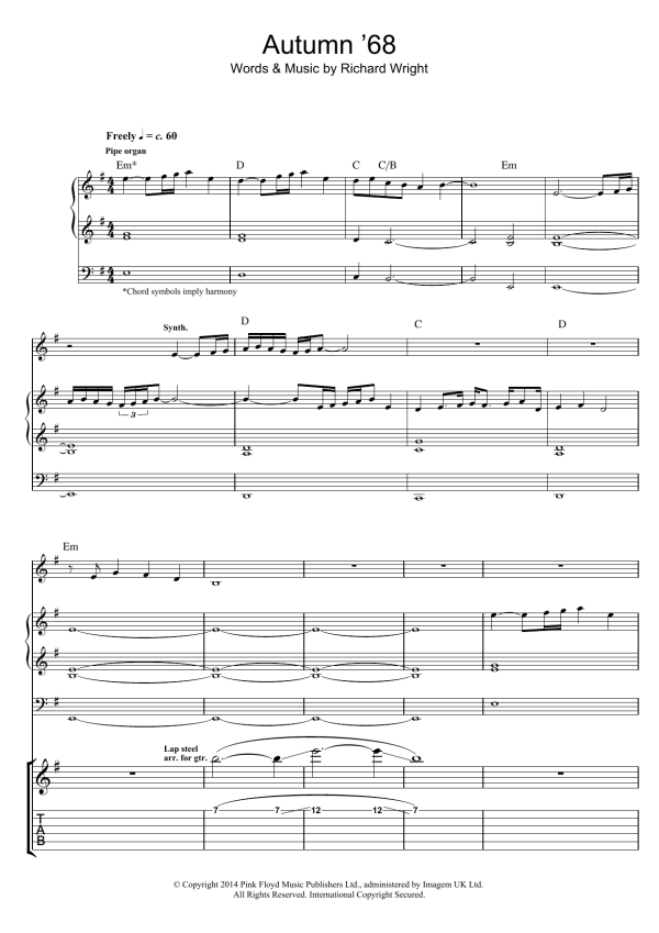 Pink Floyd Autumn '68 Musik Noten - Guitar Tab - 158416-0