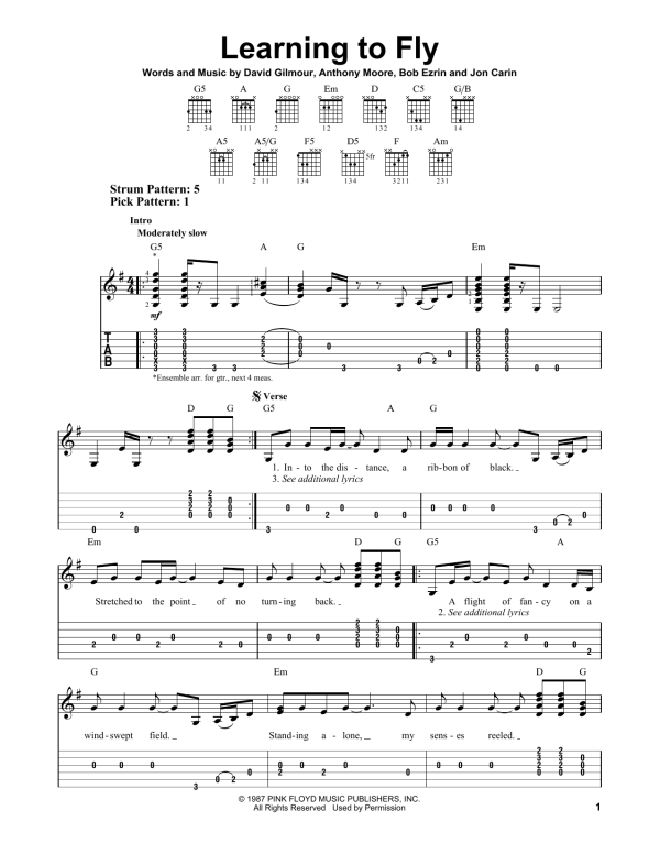 Pink Floyd Learning To Fly Musik Noten - Easy Guitar Tab - 161986-0