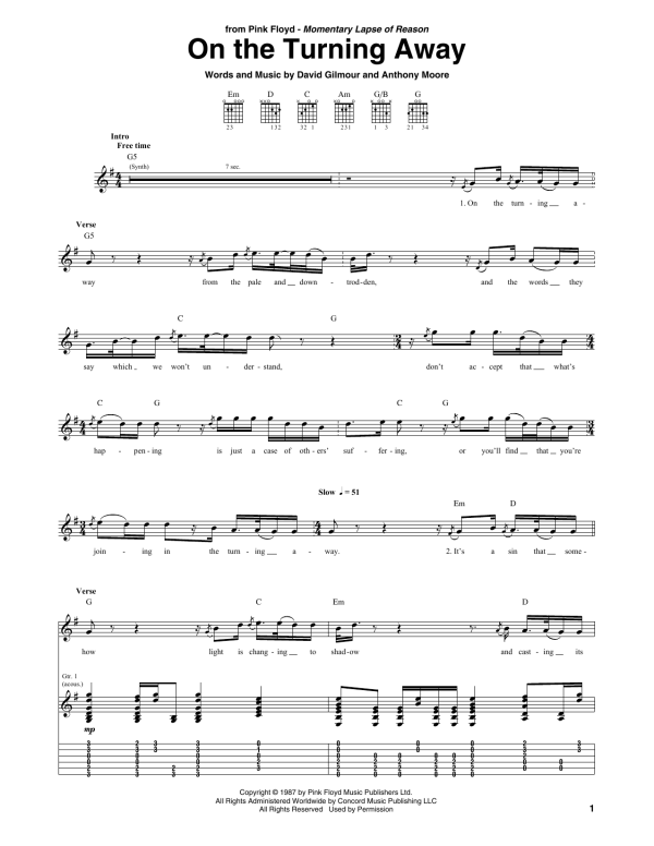 Pink Floyd On The Turning Away Musik Noten - Guitar Tab - 158725-0