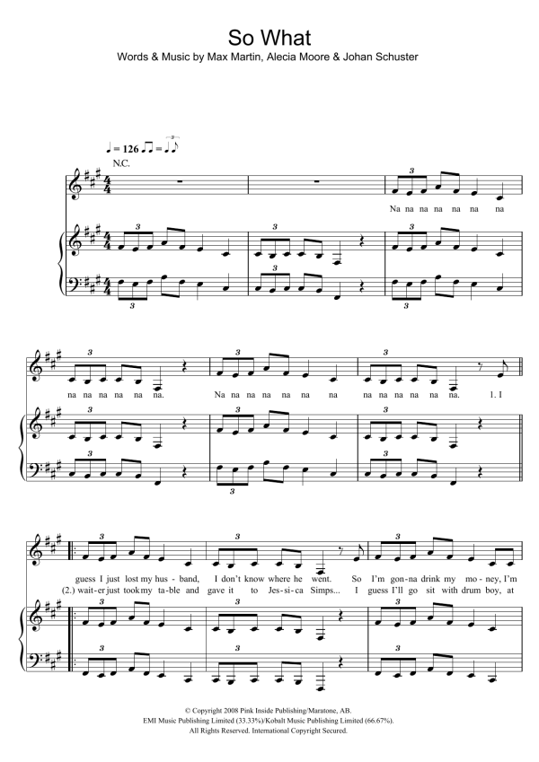 Pink So What Musik Noten - Piano, Vocal & Guitar Chords - 43563-0