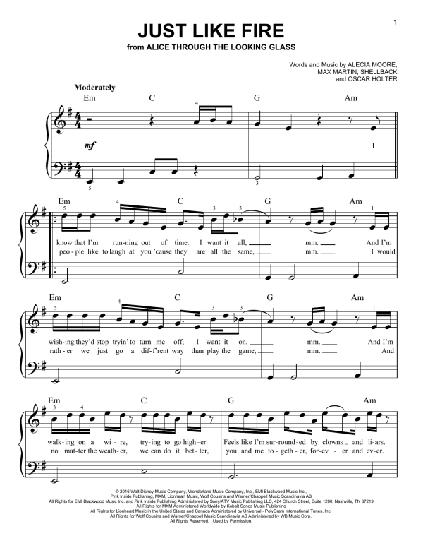 P!nk Just Like Fire Musik Noten - Very Easy Piano - 172232-0