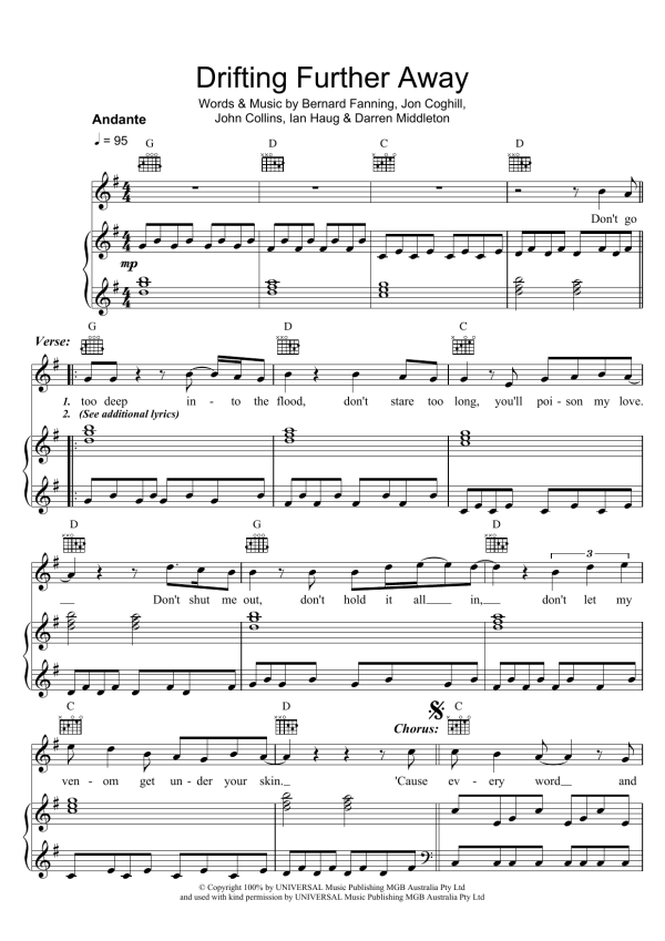 Powderfinger Drifting Further Away Musik Noten - Piano, Vocal & Guitar Chords - 40981-0