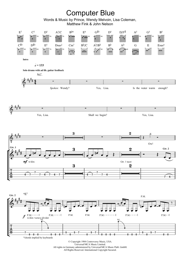 Prince Computer Blue Musik Noten - Guitar Tab - 47268-0