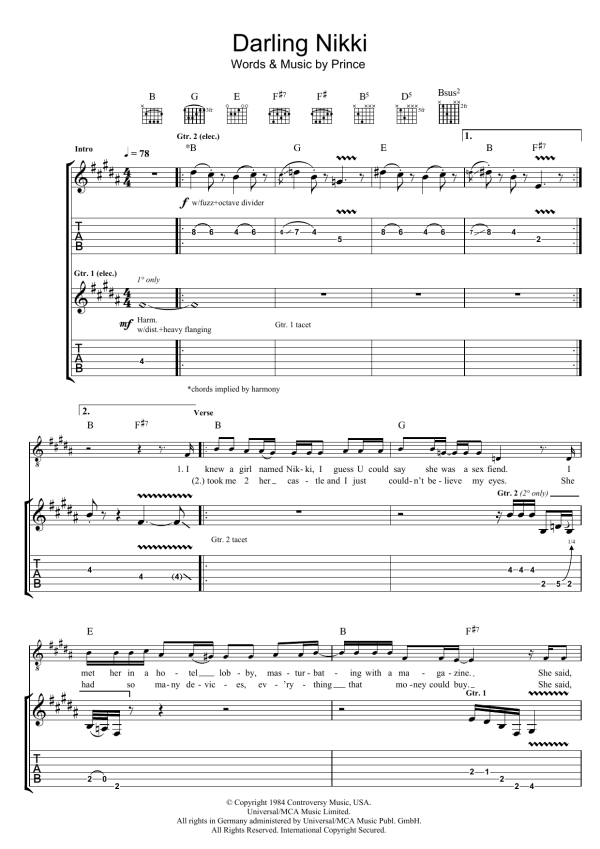 Prince Darling Nikki Musik Noten - Guitar Tab - 46992-0