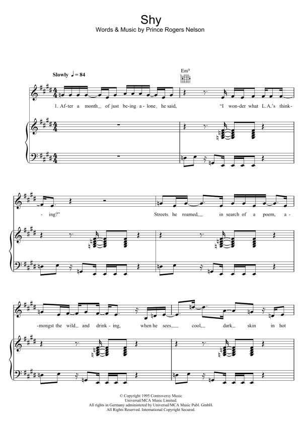 Prince Shy Musik Noten - Piano, Vocal & Guitar Chords - 115116-0