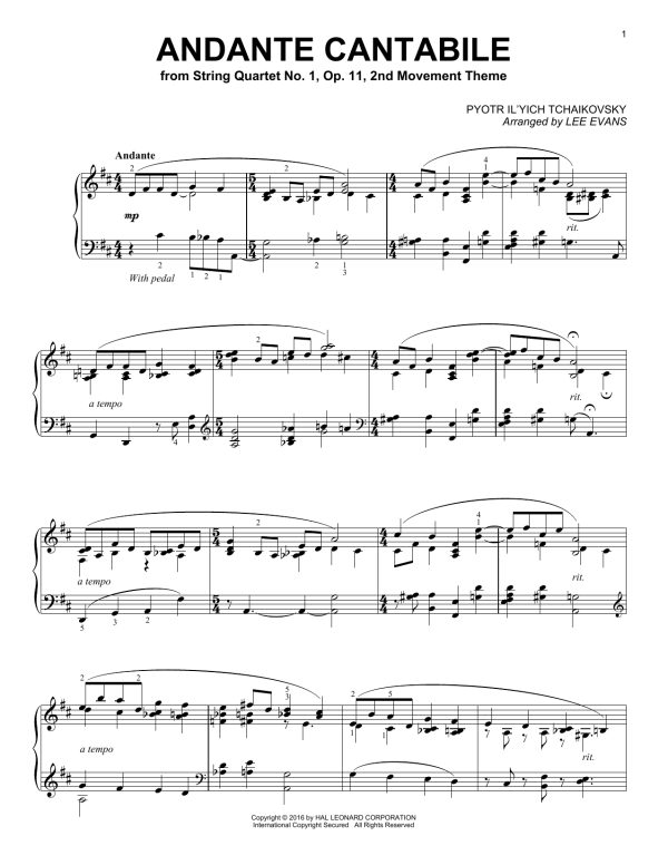 Pyotr Il'yich Tchaikovsky Andante Cantabile (arr. Lee Evans) Musik Noten - Piano Solo - 163895-0