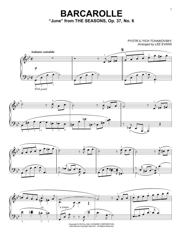 Pyotr Il'yich Tchaikovsky Barcarolle In G Minor ("June"), Op. 37, No. 6 (arr. Lee Evans) Musik Noten - Piano Solo - 163920-0
