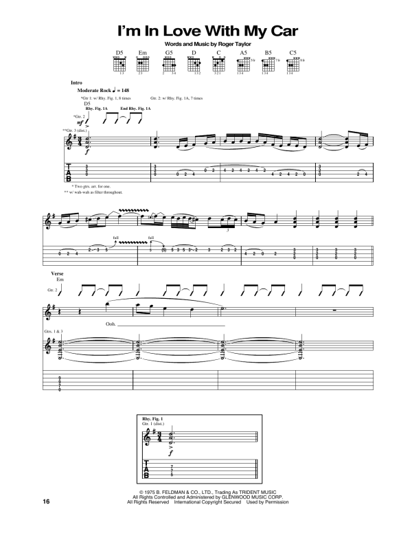 Queen I'm In Love With My Car Musik Noten - Guitar Tab - 165948-0