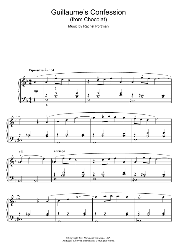 Rachel Portman Guillaume's Confession (from Chocolat) Musik Noten - Easy Piano - 107293-0