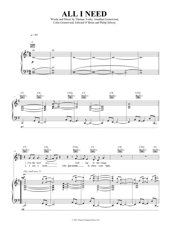 Radiohead All I Need Musik Noten - Piano Solo - 94758-0