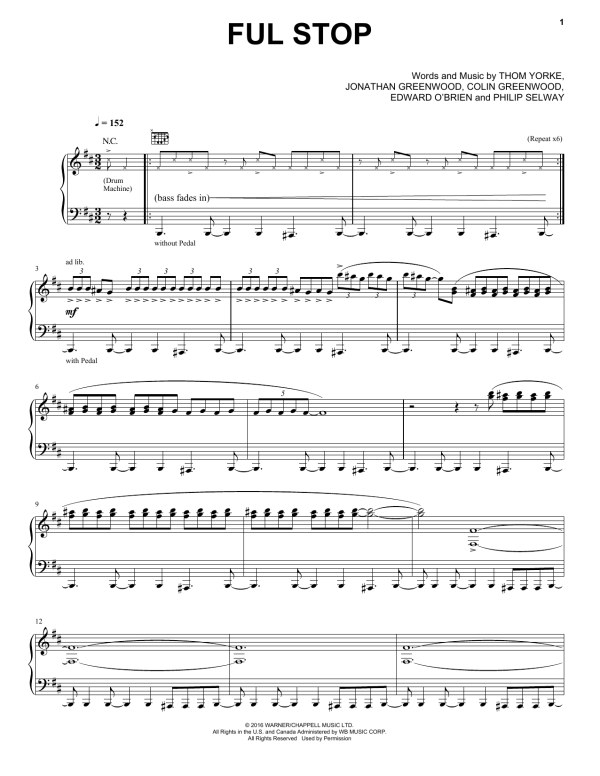 Radiohead Ful Stop Musik Noten - Piano, Vocal & Guitar Chords - 177680-0