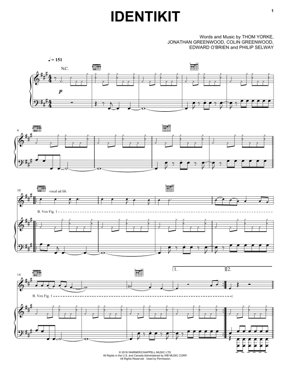 Radiohead Identikit Musik Noten - Piano, Vocal & Guitar Chords - 177678-0