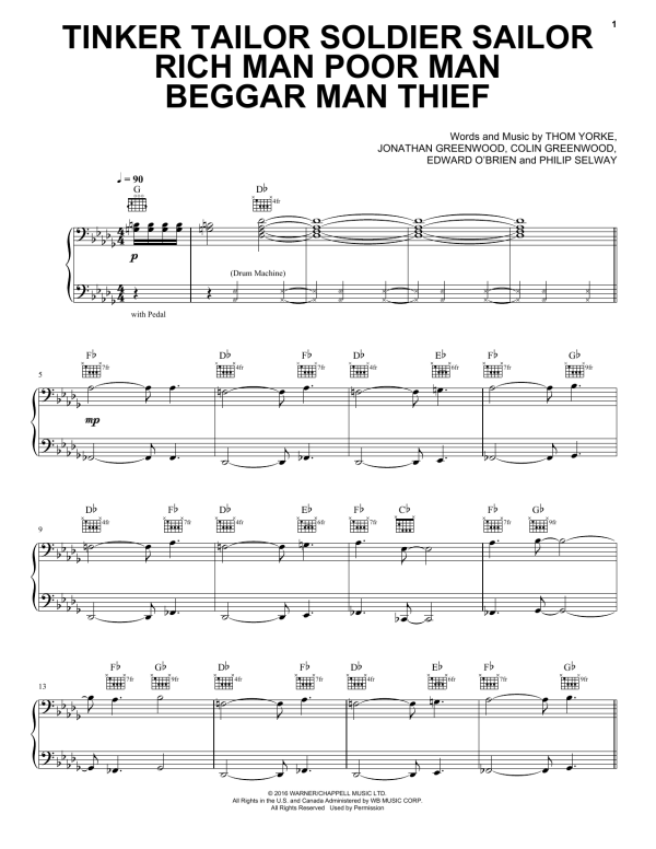 Radiohead Tinker Tailor Soldier Sailor Rich Man Poor Man Beggar Man Thief Musik Noten - Piano, Vocal & Guitar Chords - 177675-0