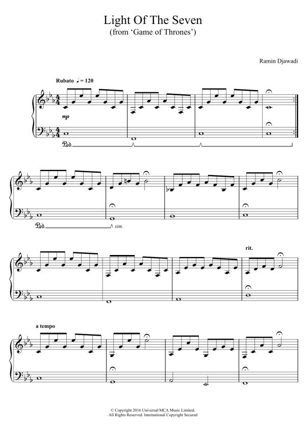 Ramin Djawadi Light Of The Seven (from Game of Thrones) Musik Noten - Piano Solo - 176351-0