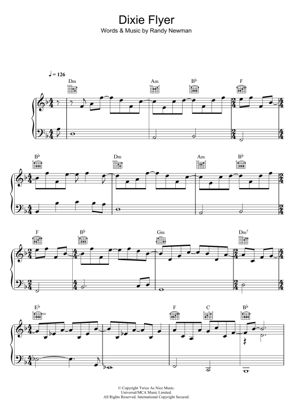Randy Newman Dixie Flyer Musik Noten - Piano, Vocal & Guitar Chords - 122728-0