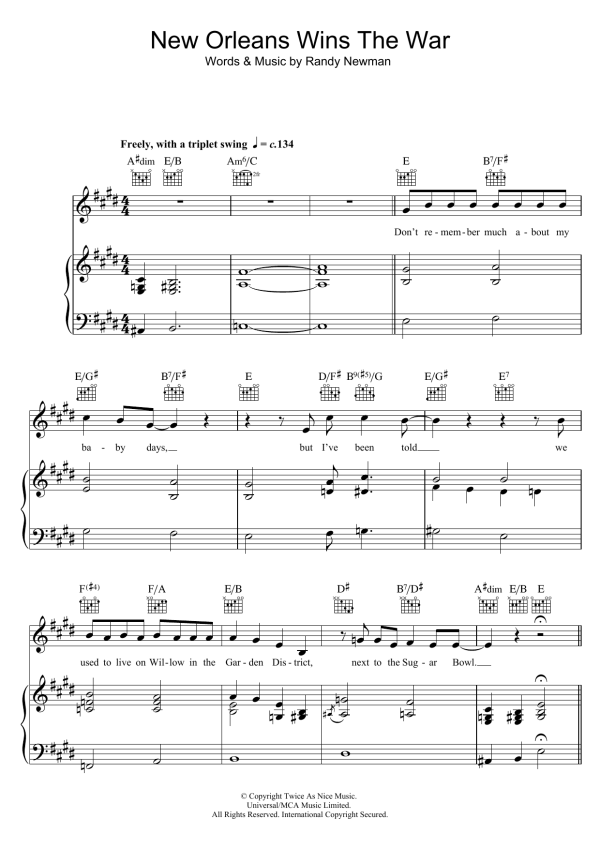 Randy Newman New Orleans Wins The War Musik Noten - Piano, Vocal & Guitar Chords - 122750-0