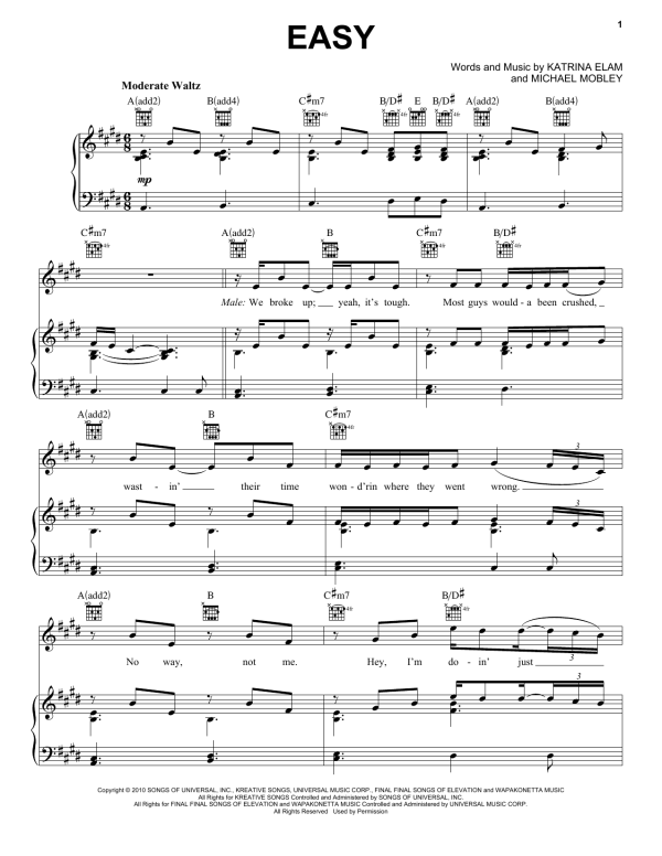 Rascal Flatts feat. Natasha Bedingfield Easy Musik Noten - Piano, Vocal & Guitar Chords - 85317-0