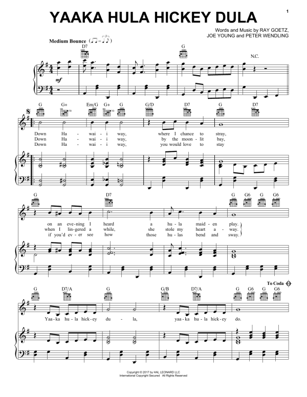 Ray Goetz Yaaka Hula Hickey Dula Musik Noten - Piano, Vocal & Guitar Chords - 177837-0