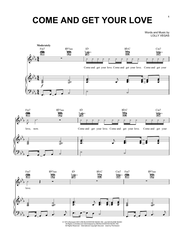 Real McCoy Come And Get Your Love Musik Noten - Piano, Vocal & Guitar Chords - 55686-0