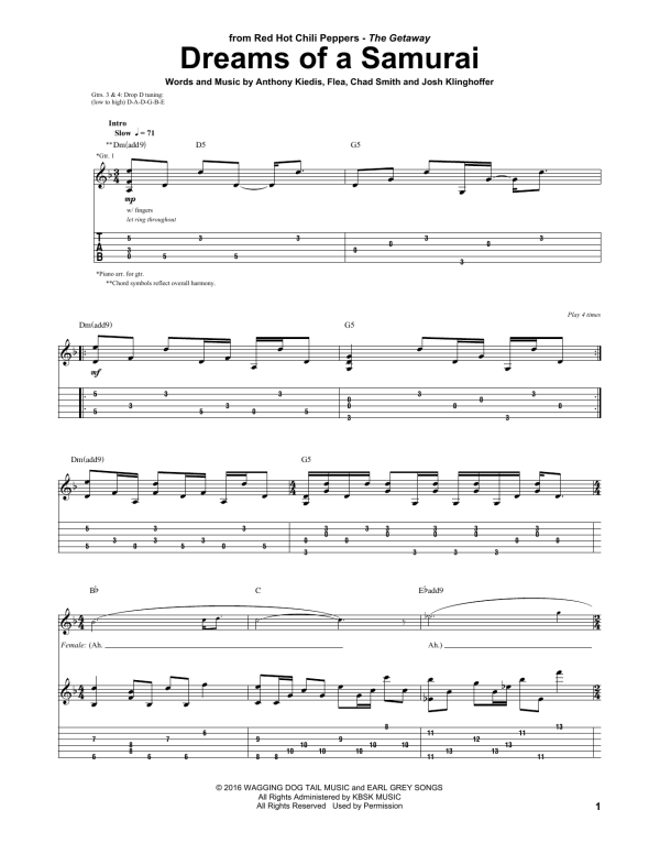 Red Hot Chili Peppers Dreams Of A Samurai Musik Noten - Guitar Tab - 174000-0
