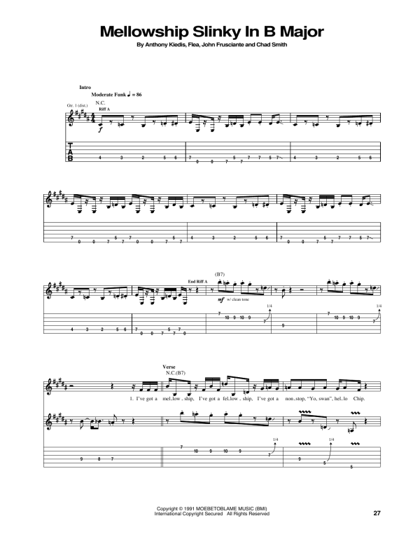 Red Hot Chili Peppers Mellowship Slinky In B Major Musik Noten - Guitar Tab - 171976-0