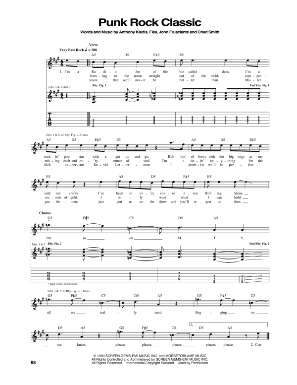 Red Hot Chili Peppers Punk Rock Classic Musik Noten - Guitar Tab - 171960-0