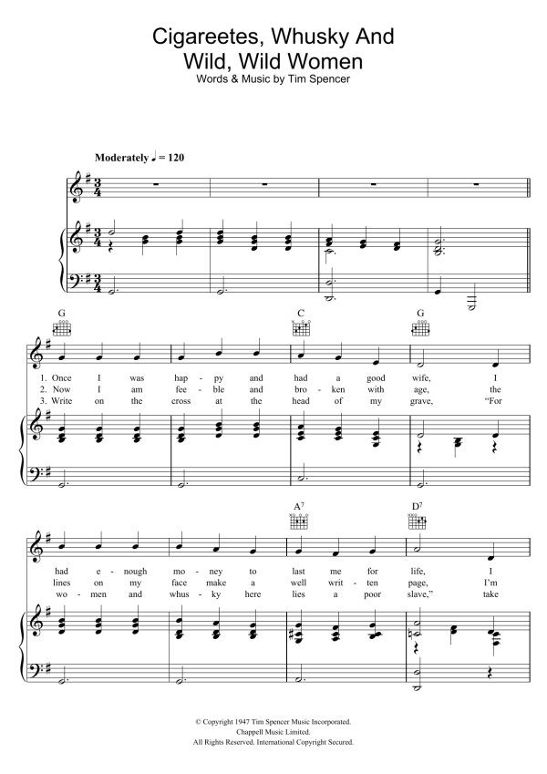Red Ingles Cigareetes, Whusky And Wild Wild Women Musik Noten - Piano, Vocal & Guitar Chords - 105510-0