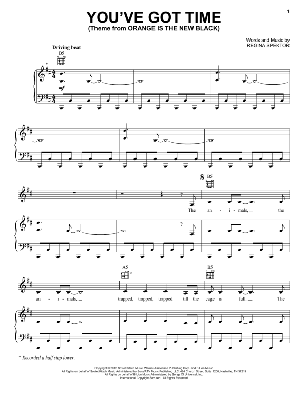 Regina Spektor You've Got Time (Theme from Orange Is The New Black) Musik Noten - Piano, Vocal & Guitar Chords - 176350-0