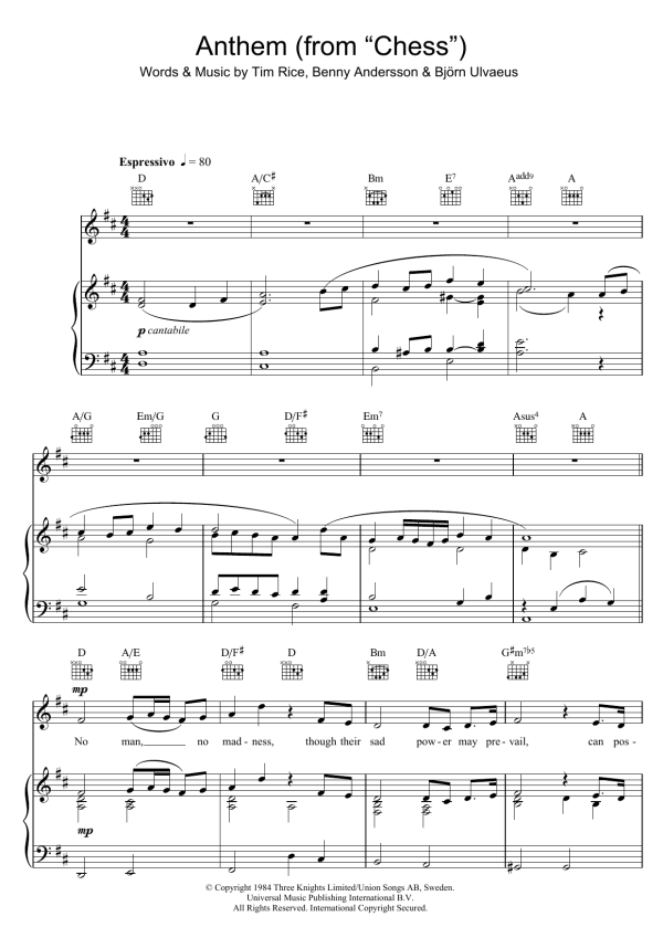 Rhydian Anthem (from Chess) Musik Noten - Piano, Vocal & Guitar Chords - 100006-0
