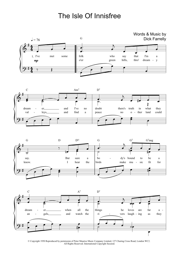Richard Farrelly The Isle Of Innisfree Musik Noten - Piano, Vocal & Guitar Chords - 17387-0