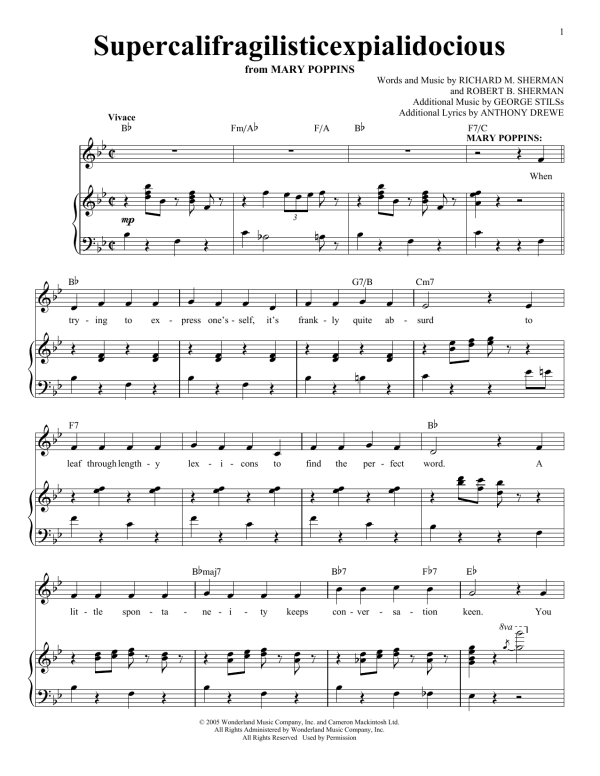 Richard & Robert Sherman Supercalifragilisticexpialidocious (from Mary Poppins) Musik Noten - Piano & Vocal - 164575-0