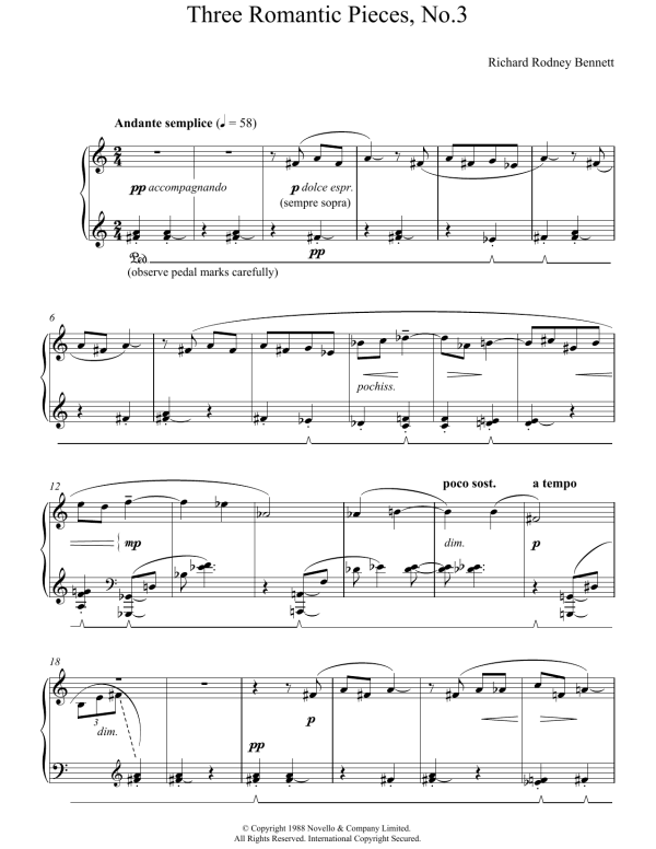 Richard Rodney Bennett Three Romantic Pieces, No.3 Musik Noten - Piano Solo - 118518-0