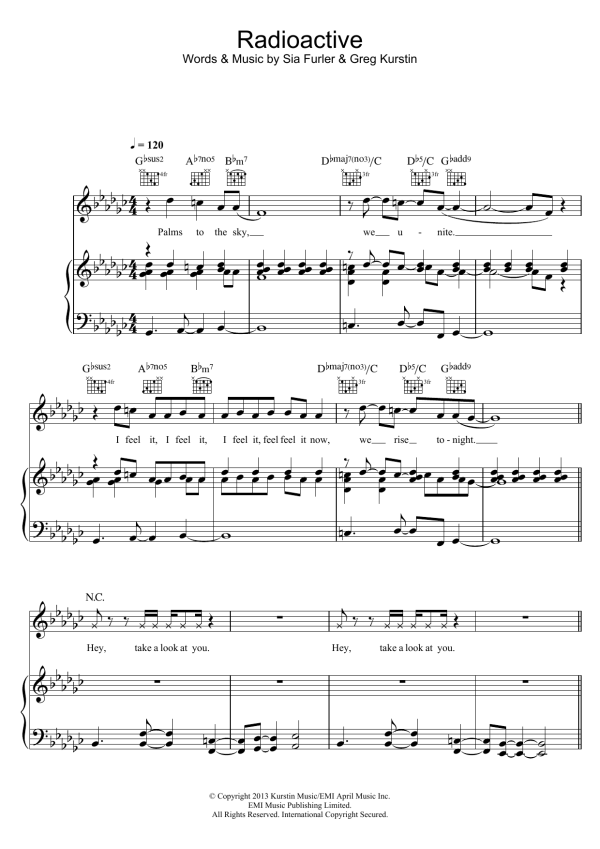 Rita Ora Radioactive Musik Noten - Piano, Vocal & Guitar Chords - 115704-0