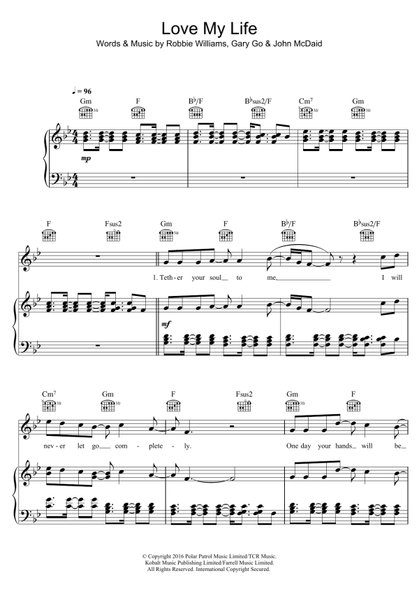 Robbie Williams Love My Life Musik Noten - Piano, Vocal & Guitar Chords - 123870-0