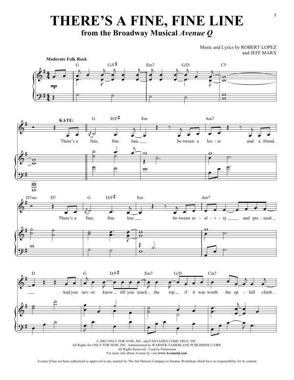 Robert Lopez & Jeff Marx There's A Fine, Fine Line (from Avenue Q) Musik Noten - Piano & Vocal - 65883-0