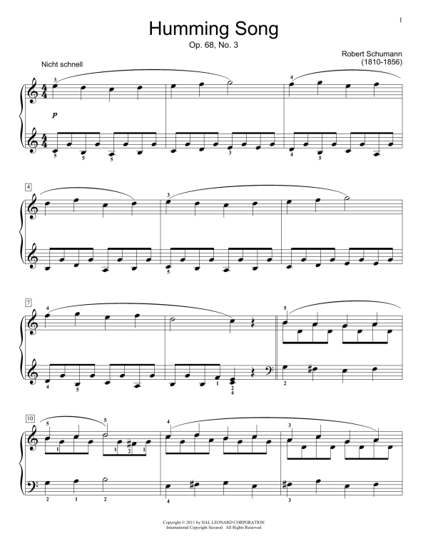 Robert Schumann Humming Song, Op.68 #3 Musik Noten - Educational Piano - 168992-0
