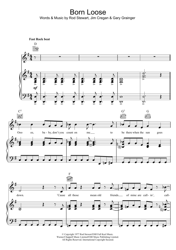 Rod Stewart Born Loose Musik Noten - Piano, Vocal & Guitar Chords - 123603-0